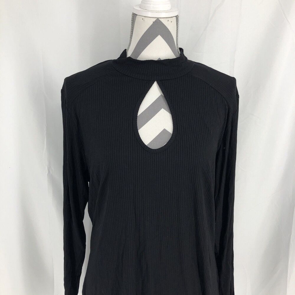 City Chic High Neck Peekaboo Black Ribbed Long Sleeve Blouse Small Plus 16W NWT